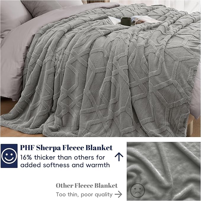 PHF Fluffy Sherpa Fleece Blanket Queen Size for Winter, Warm and Cozy, 510GSM 3D Tufted Shaggy Fleece Blanket for Sofa Bed, Grey, 90"x90"