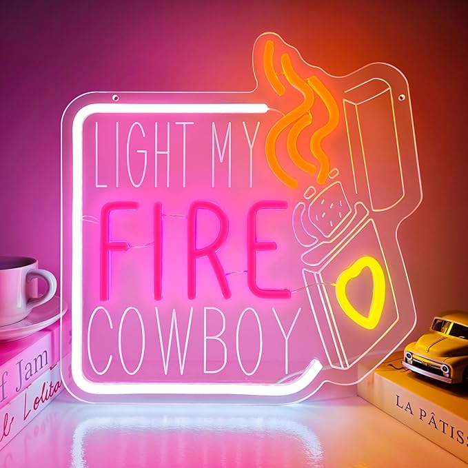 LIGHT MY FIRE COWBOY Neon Sign, Valentine's Day Neon Signs for Wall Decor, Dimmable Acrylic Neon Lights for Room Bedroom Hotel Bar Pub Club Party Decorations, Perfect Gifts