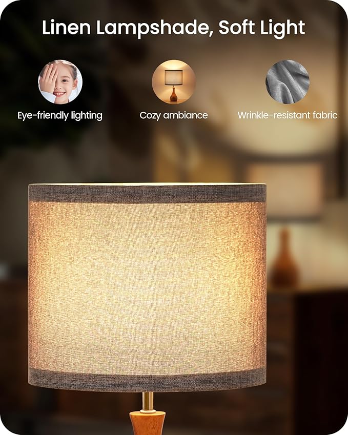 Gray Table Lamp, 14.2" Small Bedside Lamp, Compact Desk Lamp with Gray Linen Lampshade & Dark Walnut Base, Modern Nightstand Lamp for Bedroom, Kid's Room, Office, E26 Socket, LH09TL05