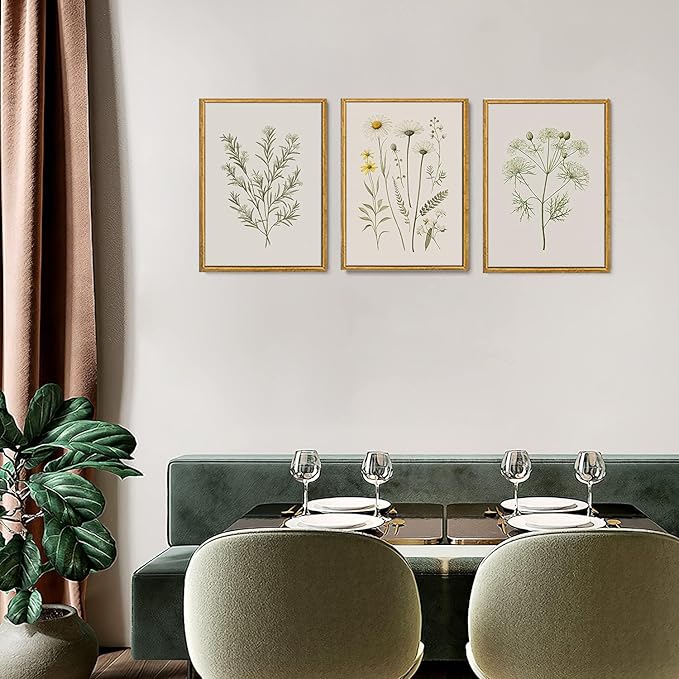 Wodkwq 3 Piece Vintage Wildflower Canvas Wall Art Framed,Neutral Botanical Wall Decor,Watercolor Plant Pictures,Yellow Floral Art Minimalist Prints,Farmhouse Artwork for Living Room,Bedroom,Office 16x24in