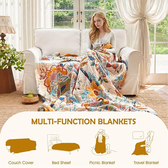 Boho Throw Blanket - 90"x90" 100% Cotton Ultra Soft Lightweight Spring Blanket, 4-Layer Breathable Muslin Blankets for Bed Couch, Reversible Green Floral Butterfly Printed Bohemian Cotton Quilt