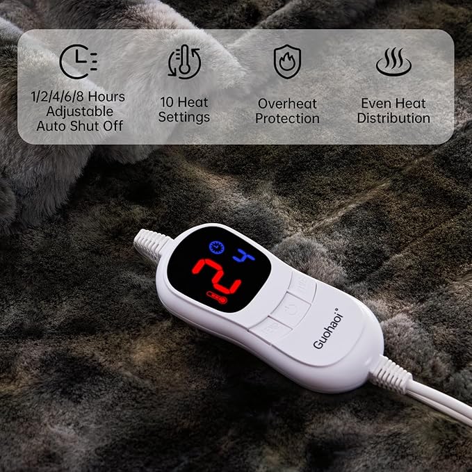 Guohaoi Heated Blanket Electric Throw, Soft Faux Rabbit Fur Electric Blanket with 10 Heating Levels 5 Sitting Timer Auto Off, Cozy Warm Heating Blankets, Machine Washable(62"×84" Dark Grey)