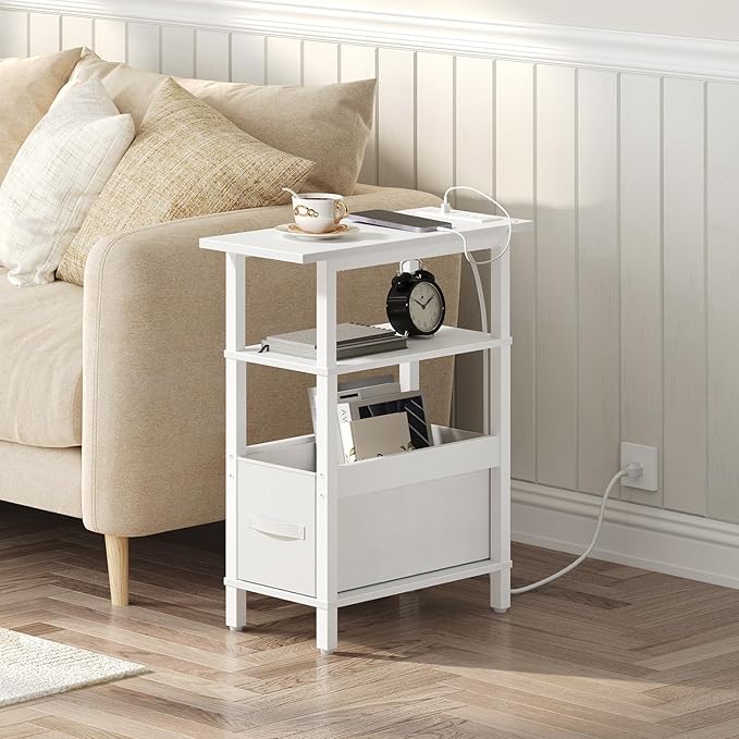 Narrow Side Table with Charging Station, Slim End Table with Fabric Storage, Skinny Nightstand for Small Spaces, Thin Bedside Table for Living Room, Bedroom, White ETBW125E01