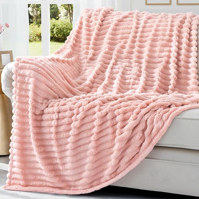 decorUhome Valentines Soft Fleece Pink Blanket King Size for Bed, Cozy Fluffy Plush Flannel Large Striped Throws for Couch Sofa, Lightweight Decorative Fuzzy Blanket for Woman, 108x90 Inches