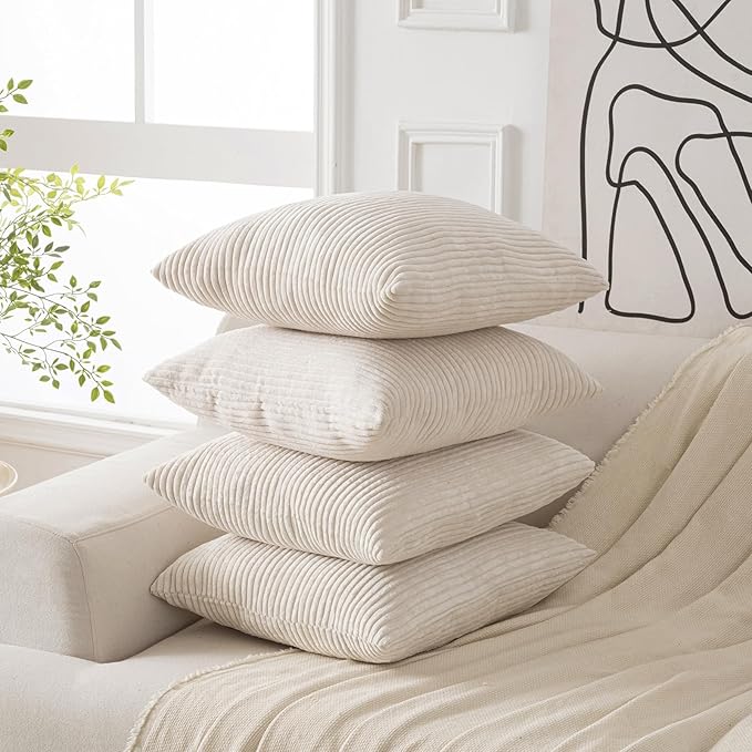 Volcanics Set of 4 Beige Cream Corduroy Decorative Couch Throw Pillow Covers 18x18 Inch, Modern Double-Sided Striped Cushion Cases, Soft Boho Square Accent Pillow Covers, Mix and Match for Home Decor