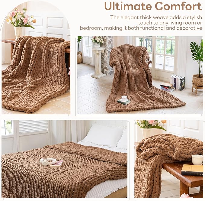 Chunky Knit Blanket - Luxury Soft Cozy 80 * 90 Throw Blanket,100% Woven Blanket Rope Knot Throw Blanket for Couch, Sofa, Home Decor, Gift - Machine Washable (Brown, 80 * 90)