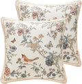 ISAENNE Design Square Floral Bird Linen Throw Pillow Covers 18"x18" Pack of 2, Yellow Pink Cushion Covers with Flower Chinese Hwamei Decor Pillowcases for Bed,Living Room,Outdoor,Car
