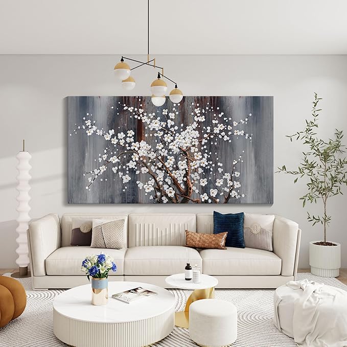 AJAZIKO Wall Art for Living Room Large Modern Wall Decor Canvas Paintings for Wall Decorations White Flower Brown Bedroom Office Artwork Plum Blossom Art Prints Framed