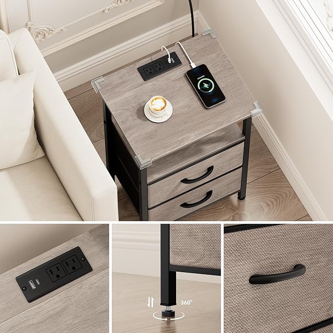 Vagusicc Nightstand with Charging Station, LED Night Stand with 2 Fabric Drawers, Bedside Table with Storage Shelf, 24.2" Tall Bed Side Table with USB Ports and Outlets for Bedroom, Greige