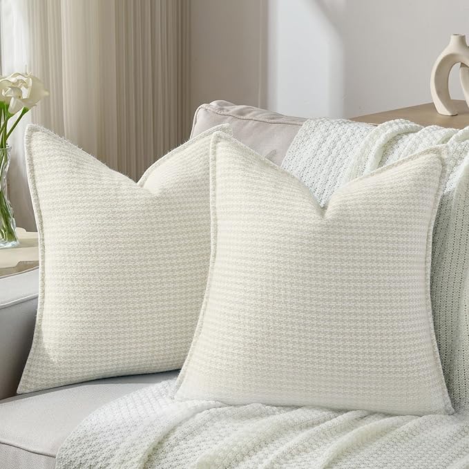 FUTEI Cream Decorative Throw Pillow Covers 16x16 Inch Set of 2,Soft Houndstooth Gingham Textured Cushion Case,Modern Home Decor for Couch Bed Living Room