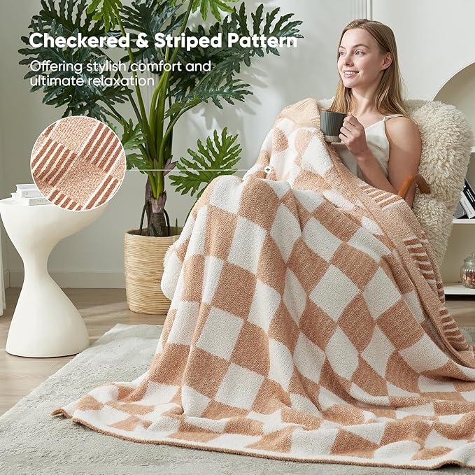 Snuggle Sac Checkered Throw Blanket Faux Fur Microfiber Blankets for Couch,Reversible Soft Cozy Warm Blanket for Sofa Bedroom,Cute Lightweight Striped Throws for Women,Heather Beige,50x60 inches