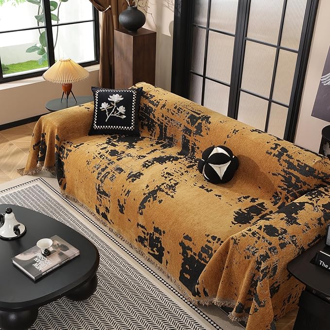 HANDONTIME Abstract Couch Cover for Dogs Pumpkin and Black Couch Cover Blanket for 3 Cushion Sofa Modern Aesthetics Sofa Covers Washable Pet Friendly Chenille Protector Furniture Covers, 71" X 134"