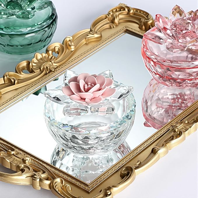 Crystal Jewelry Box for Women, Small Glass Trinket Jar with Lid, Clear Lotus Flower Storage Holder Elegant Organizer Dish for Ring, Earrings, Necklace, Gift (Pink Flower)