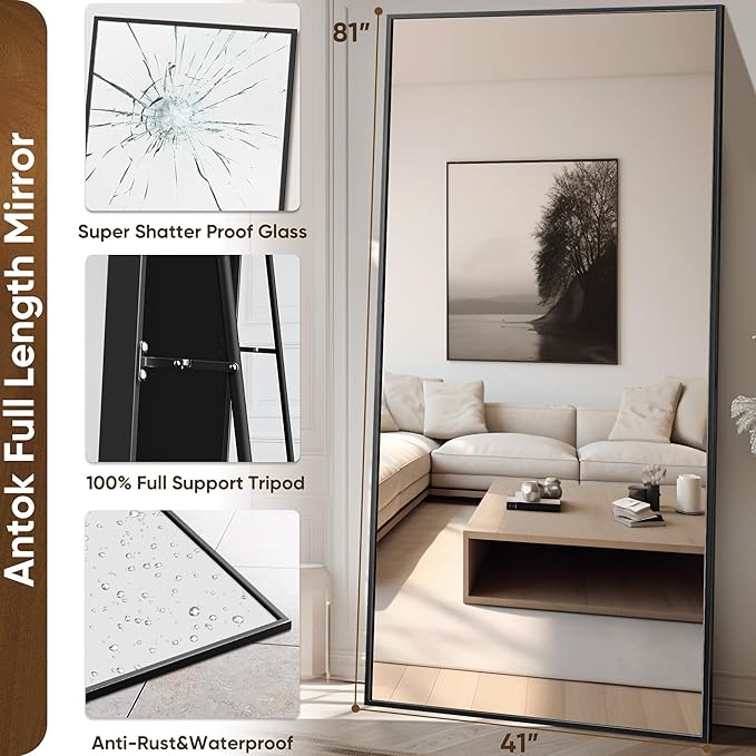 Antok Full Length Mirror, 46"x90" Floor Mirror with Stand, Hanging Mounted Mirrors for Bedroom, Living Room, Cloakroom, Dining Room, Black, Rect