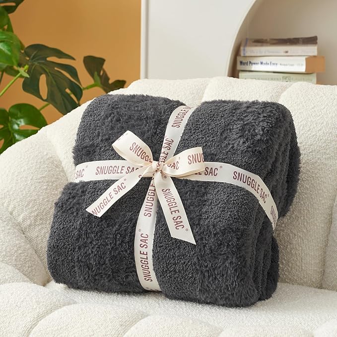 Snuggle Sac Faux Fur Checkered Blanket Twin Size with Soft Knitted Microfiber Fabric,Cozy Soft Warm Blanket for Sofa Bedroom Living Room,Solid Dark Grey,60x80 inches