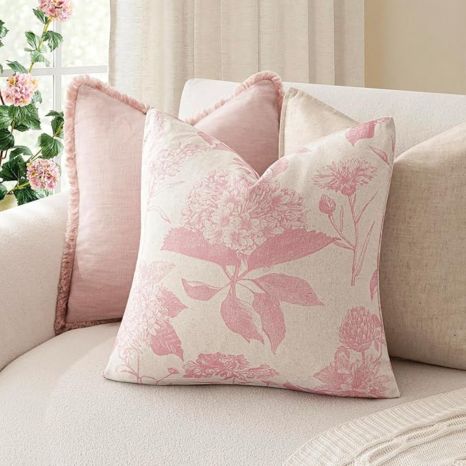 Foindtower Set of 2 Linen Floral Throw Pillow Covers Neutral Vintage Print Decorative Cozy Cushion Covers Farmhouse Boho Home Decor for Sofa Chair Couch Bedroom Living Room,24×24 Inch,Light Pink