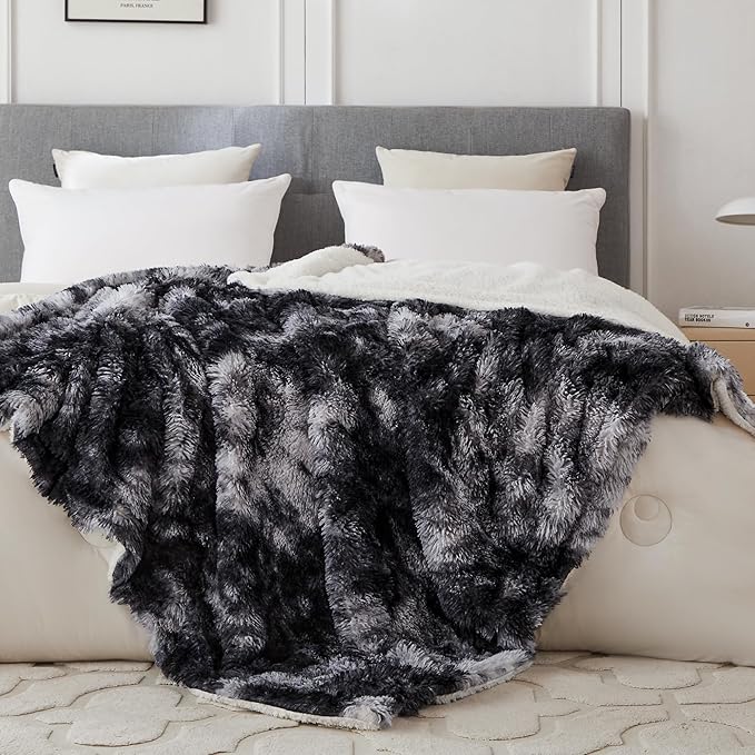 COOVA Ultra Soft Faux Fur Twin Blanket – Fuzzy Fluffy Cozy Microfiber Blankets, Warm Thick Plush Sherpa Fleece Throw Blanket for Couch,Bed,Sofa,Ideal Gift for Women.(Tie Dye Black, 60"x80")