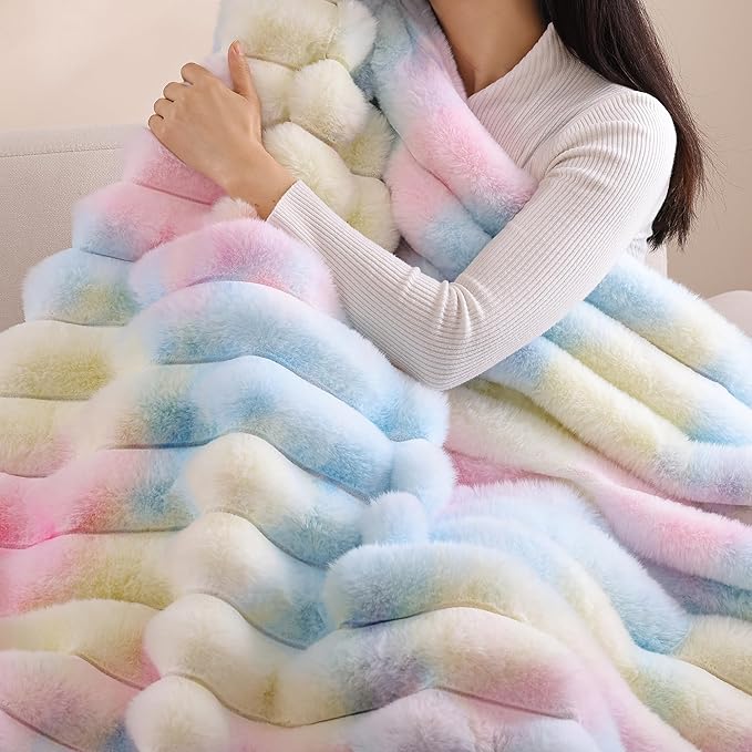 Smoofy Fluffy Faux Fur Throw Blanket - Super Soft Thick Plush Cozy Fuzzy Rabbit Fur, Luxury Warm Fleece Minky Stripe Blanket for Couch, Sofa, Room Decor Gift for Women, Colorful Rainbow Throw, 50x60