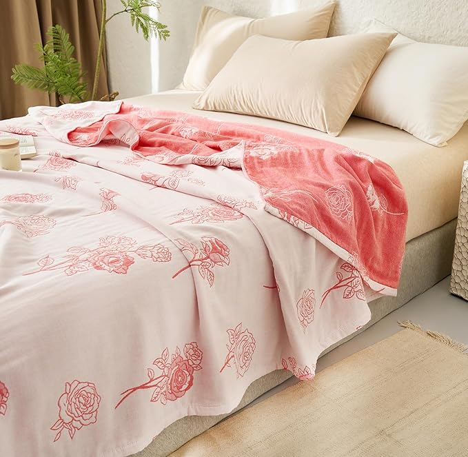 Scientific Sleep Rose Pink White Flower 100% Cotton Muslin Blanket Throw Cover for Bed Couch Sofa Cozy Soft Reversible Bedding Blanket Bedspread Coverlet Full Queen 80 in x 90 in