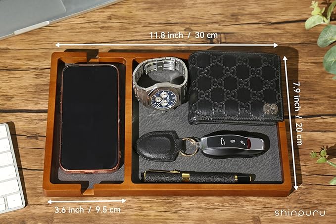 Shinpuru Wooden Valet Tray with Leather Inlay - Nightstand & Desk Organizer - EDC Essentials Catchall Tray for Keys, Phone, Wallet, Watch, Earbuds - Stylish Storage (Wood-Phone)