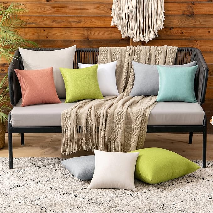 MIULEE Pack of 2 Decorative Outdoor Solid Waterproof Throw Pillow Covers Spring Faux Linen Garden Farmhouse Cushion Cases for Summer Patio Tent Balcony Couch Sofa 12x12 Inch Green