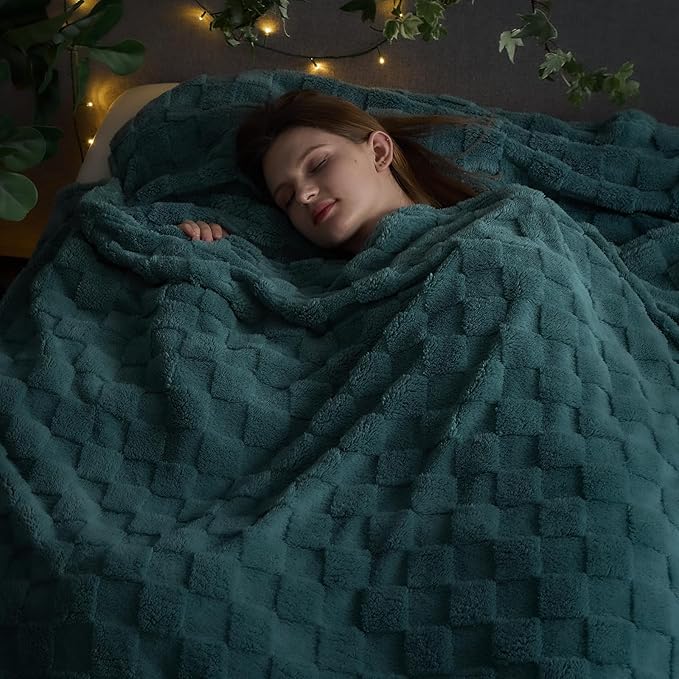 NEWCOSPLAY Super Soft Queen Blanket Light Teal Premium Silky Flannel Fleece 3D Checkered Lightweight Bed Blanket All Season Use (Light Teal Checkered, Queen(90"x90"))