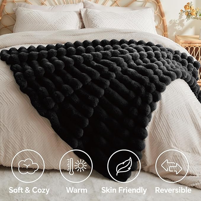 BEDELITE Faux Fur Throw Blanket for Couch, Soft and Cozy Luxurious 3D Striped Fluffy Blanket, 770GSM Thick Warm Plush Fuzzy Faux Rabbit Fur Blanket for Women Gift (Black, 60"x 80")