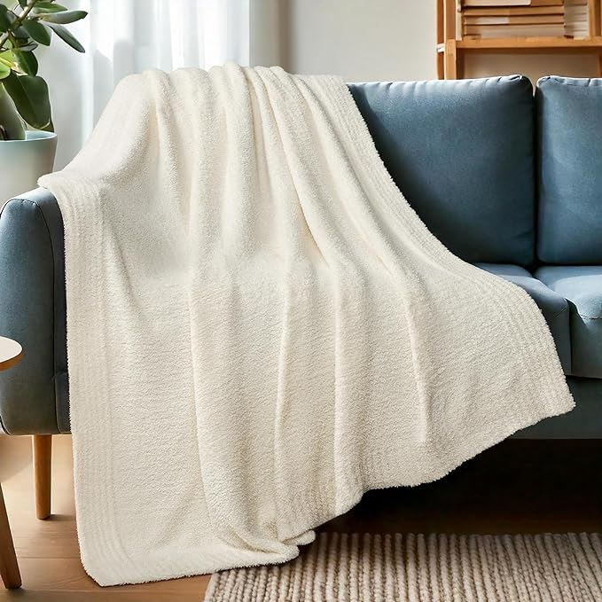 PAVILIA Super Soft Throw Blanket for Couch, Fluffy Cozy Lightweight Cream Blanket, Fuzzy Warm Knit Blanket for Bed Sofa, Beige, 50x60
