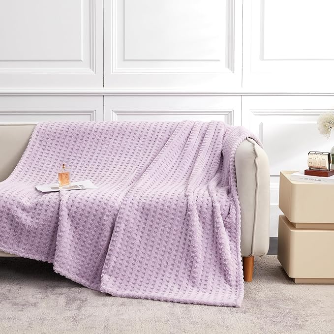 Soft Cozy Fuzzy Fleece Throw Blanket, Waffle Lavender Fog, 50x60 Inches – Lightweight, Fluffy, and Warm 3D Jacquard All-Season Blanket for Couch, Bed, Sofa, Home Decor, Camping, and Travel