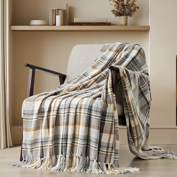 EverGrace Plaid Chenille Throw Blanket for Couch, Super Soft Cozy Decorative Farmhouse Plaid Throw with Tassels, Lightweight Chenille Knit Throw for Bed Sofa Gift Home Decor, Grey & Beige 60"x80"