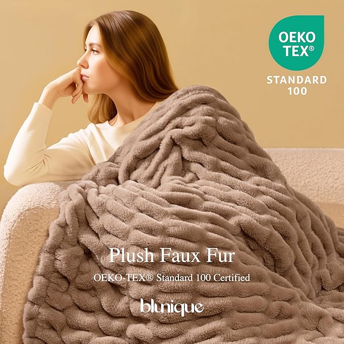 Faux Fur Blanket, Throw Blanket for Couch, Fluffy Blanket with Stretch Ruched Design, Ultra Soft Giftable Home Decor, 50x60 inches, Light Brown
