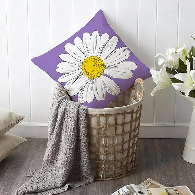 Hexagram Spring Summer Pillow Covers 18x18 Set of 4, Outdoor Floral Daisy Decorative Purple Throw Pillow Covers, You are My Sunshine Farmhouse Cushion Case for Couch Sofa Indoor Home Decor(No Insert)