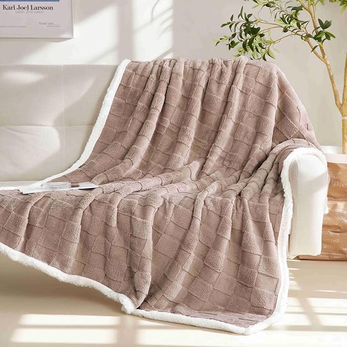 Sherpa Throw Blanket for Couch, Flannel Cozy Soft Thick Blanket for Bed - Fleece, Coffee, 60x80 Inches