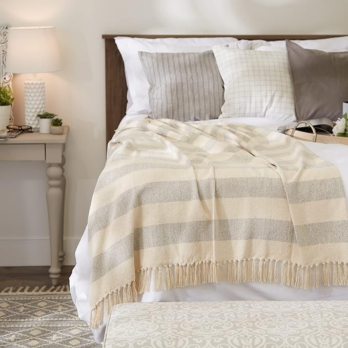 DII Rustic Farmhouse Cotton Cabana Striped Blanket Throw with Fringe, 50 x 60 - Cabana Striped Gray & Off-White