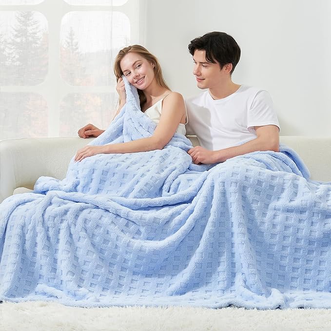 Cozy Bliss Ultrasoft Waffle Throw Blanket, Fluffy Cute Plush Blanket for Couch, Bed, Modern Home Accent, Portable for Picnic or Outdoor, Light Blue, 90"x90"