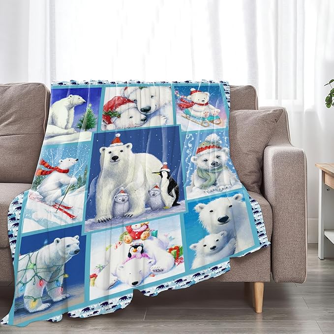 Christmas Polar Bear Blanket for Girls Women Boys Men Adults Kids Soft Cozy Fleece Cute White Bears Throw Blankets Gifts Warm Flannel Plush Lightweight Decor for Couch Bed Sofa 80"X60"