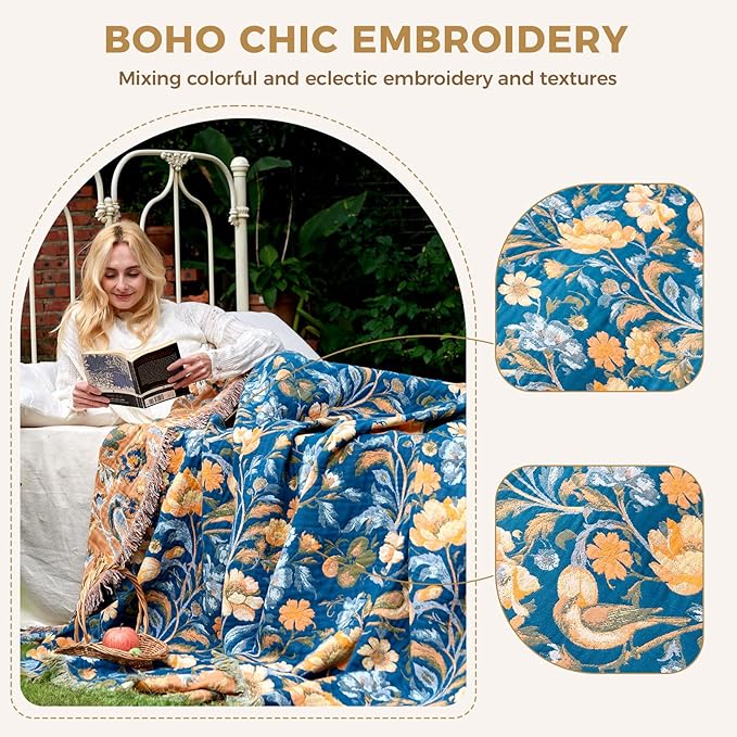 Boho Throw Blanket for Bed Cotton Spring Blankets Twin Size for Bedroom Living Room All Season Lightweight Floral Bird Embroidery Breathable Quilt for Couch Sofa Chair 60"x80" Home Decor