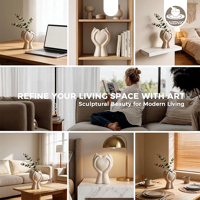 8 Inch Heart Hand White Ceramic Vase - Unique Modern Aesthetic Flowers Vase for Living Room Bedroom Office Kitchen Table Centerpiece or Shelf Decor (Cream White)