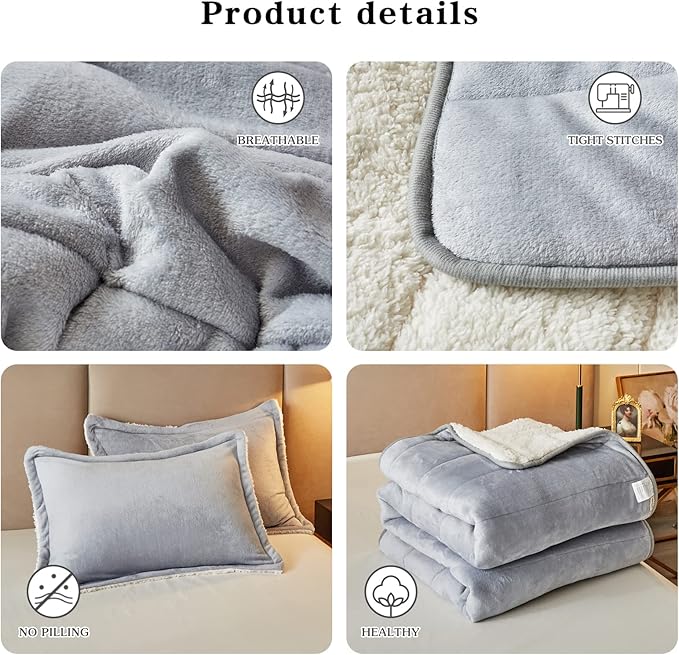 3-Layer Luxury Flannel Fleece Thick Bed Blanket Twin Size, Soft Plush Velvet Sherpa Blanket with 2 Pillow Shams Heavy Warm for Winter, Breathable n Washable, Gray