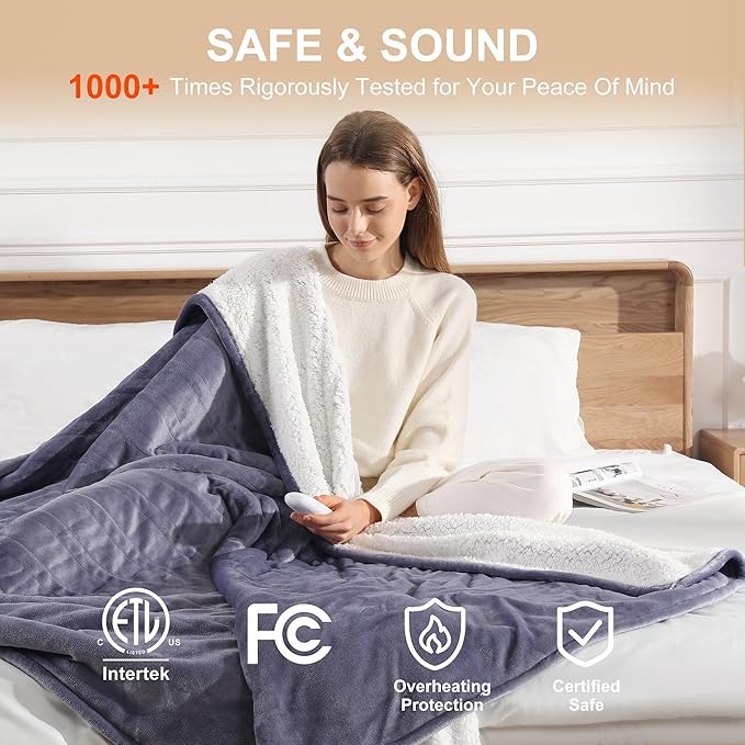 Electric Blanket Twin Size - Purple Heated Blanket 62X84in Double Sided Flannel Sherpa Heating Blanket with 5 Heat Settings & 10 Hours Auto-Off, Machine Washable, Grandma Gifts(Lavender Purple)