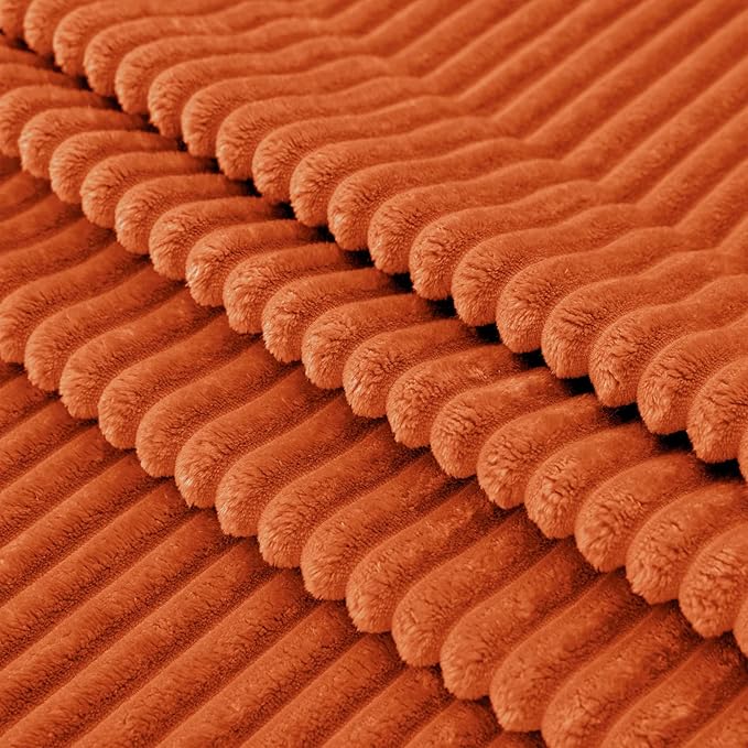 Vessia Flannel Fleece Orange Throw Blanket for Couch, Lightweight Warm Cozy Soft Striped Bed Throw for Adults and Kids, Microfiber Ribbed Sofa Blanket for All Season
