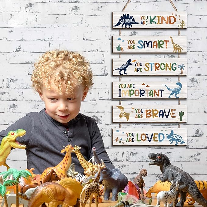 6 Pcs Dinosaur Decor Girls Room Decor Plaque Sign, Inspirational Watercolor Dinosaur Positive Quotes Wall Art Decor for Teens Bedroom Princess Toddler Room, Works of Art Made of Wood, Placards of Wood