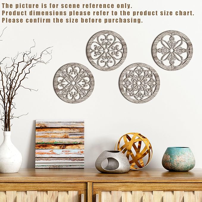 Yulejo 4 Pcs Thicken Rustic Wall Decor Farmhouse Kitchen Wall Round Art Wooden Hollow Carved Design Rustic Art for Living Room Bedroom Hallway Decor(9.8 x 9.8 Inch,grey wood tone)