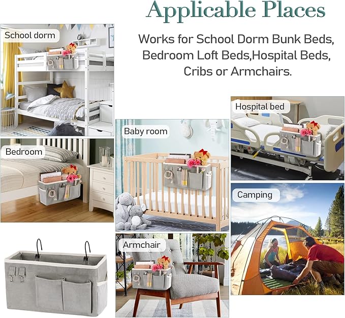 Bedside Caddy Bedside Storage Bag Hanging Organizer for Bunk Hospital Beds Dorm Rooms Bed Rails Can be Placed Books Mobile Phones Keys Water Bottle (Grey)