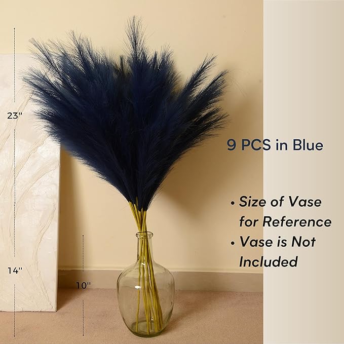 Blue Pampas Grass, 9 PCS 37''/3.1FT Tall Fluffy Fake Pompas Floral, Large Faux Pompous Grass Branches for Floor Vase Fillers, Boho Farmhouse Room Wedding Decor (Blue)