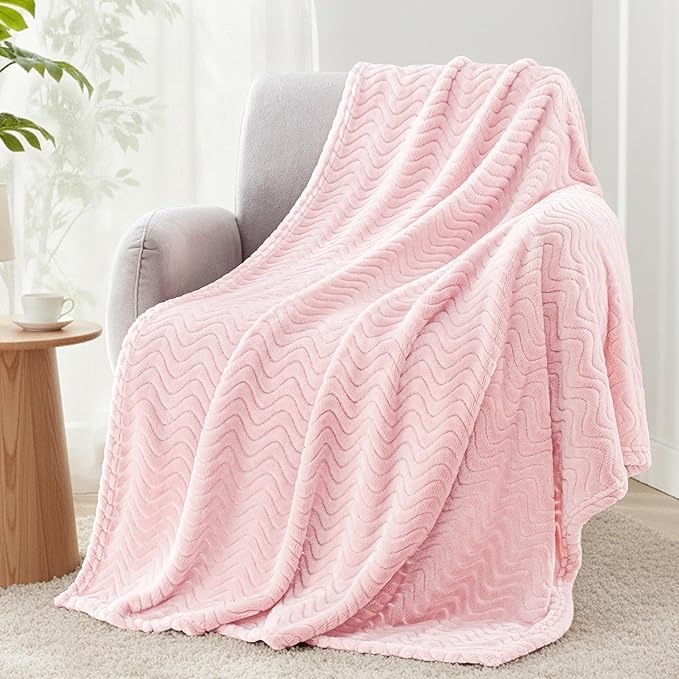 Exclusivo Mezcla Fleece Throw Blanket for Couch, Cozy Lightweight Blankets for All Season, Decorative Giftable Fuzzy Plush Wave Textured Throws for Women, Men, Light Pink, 50x70 Inches
