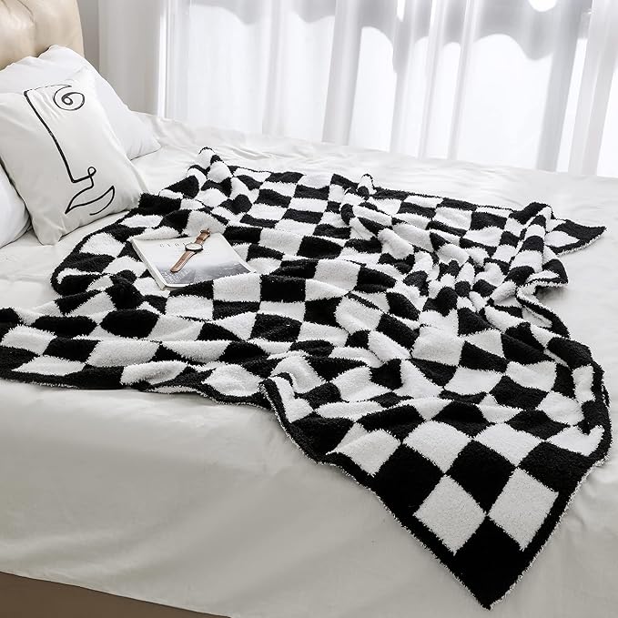 Checkered Throw Blanket Super Soft Luxurious Warm Blanket for Couch Reversible for Bed Sofa 50x60 Inches Black and White