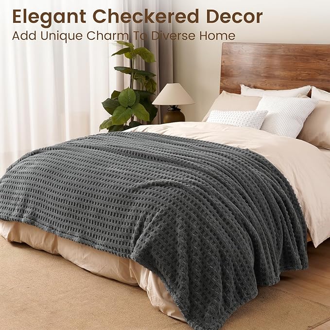 David's Home Ultra Soft Fleece Blanket King Size for Bed, Plush Shaggy Fluffy 3D Jacquard Waffle Throw for Couch, Warm Lightweight for Fall Winter,Fuzzy Aesthetic Room Decor,108x90 inches,Dark Grey