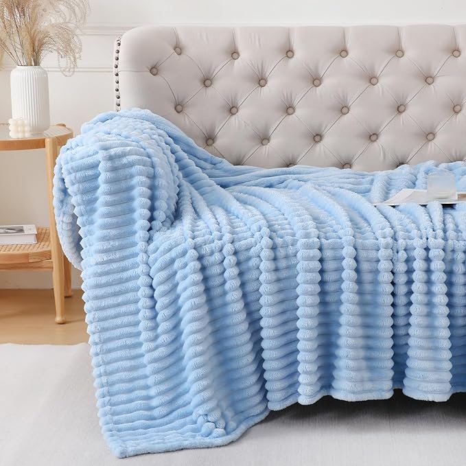 Light Blue Throw Blanket for Couch Sofa 50x60 inches Striped Fleece Blankets Room Home Decor Lightweight Plush Soft Cozy Gifts for Women Mom Girls