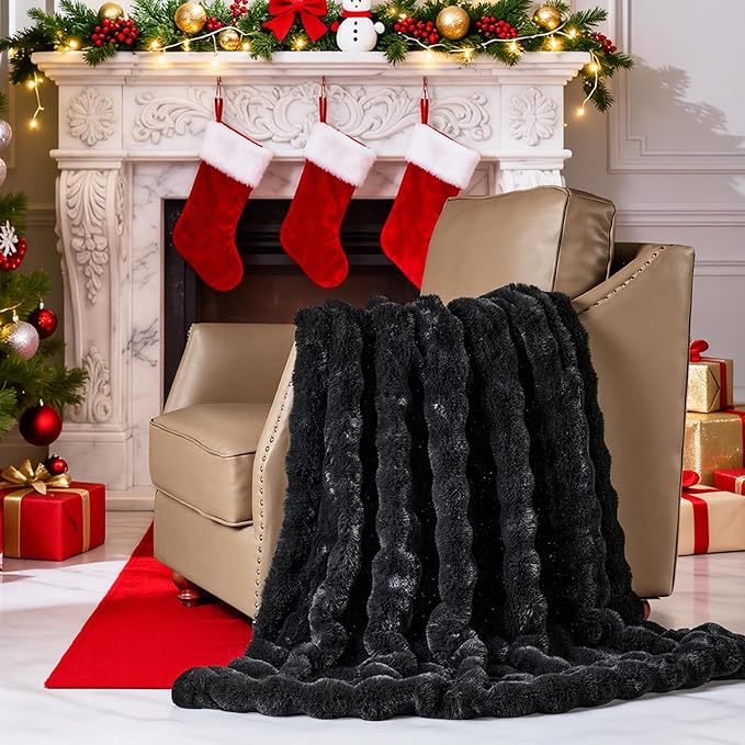 Lotus Karen Queen Size Faux Fur Blanket - Big Bubble Rabbit Fluff, 90x90 Inches